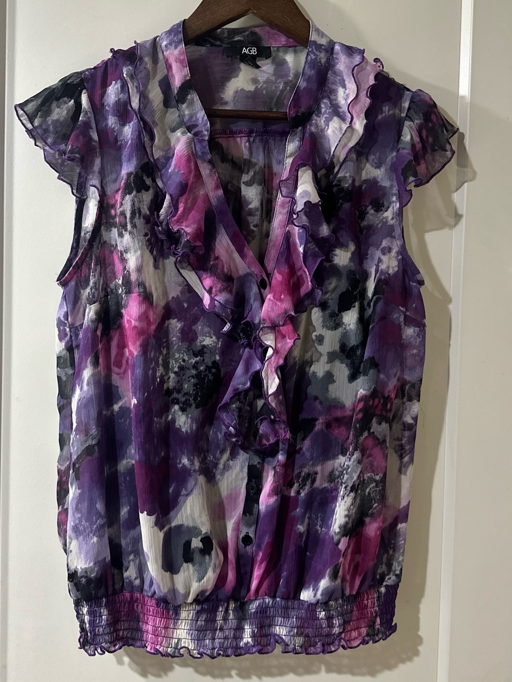 AGB Purple Pink Blouse Ruffle Sleeve Neckline Bold Colorful Pattern Top Size L